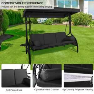 FKLUG 3-Seat Outdoor Porch Swing,2-in-1 Convertible Patio Swing Bed,Outdoor Patio Swing Chair w/Cushions,Pillows,Side Tray and Adjustable Canopy for Outside,Porch,Backyard,Garden(Black)