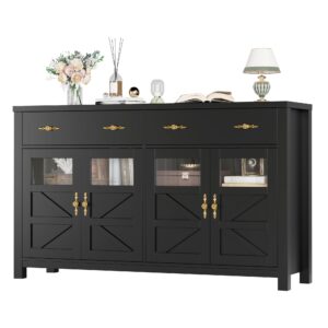 finetones buffet cabinet with storage, 55.1" large sideboard buffet cabinet, farmhouse sideboard kitchen cabinet with 2 drawers and 4 doors, wood coffee bar cabinet buffet table for kitchen, black