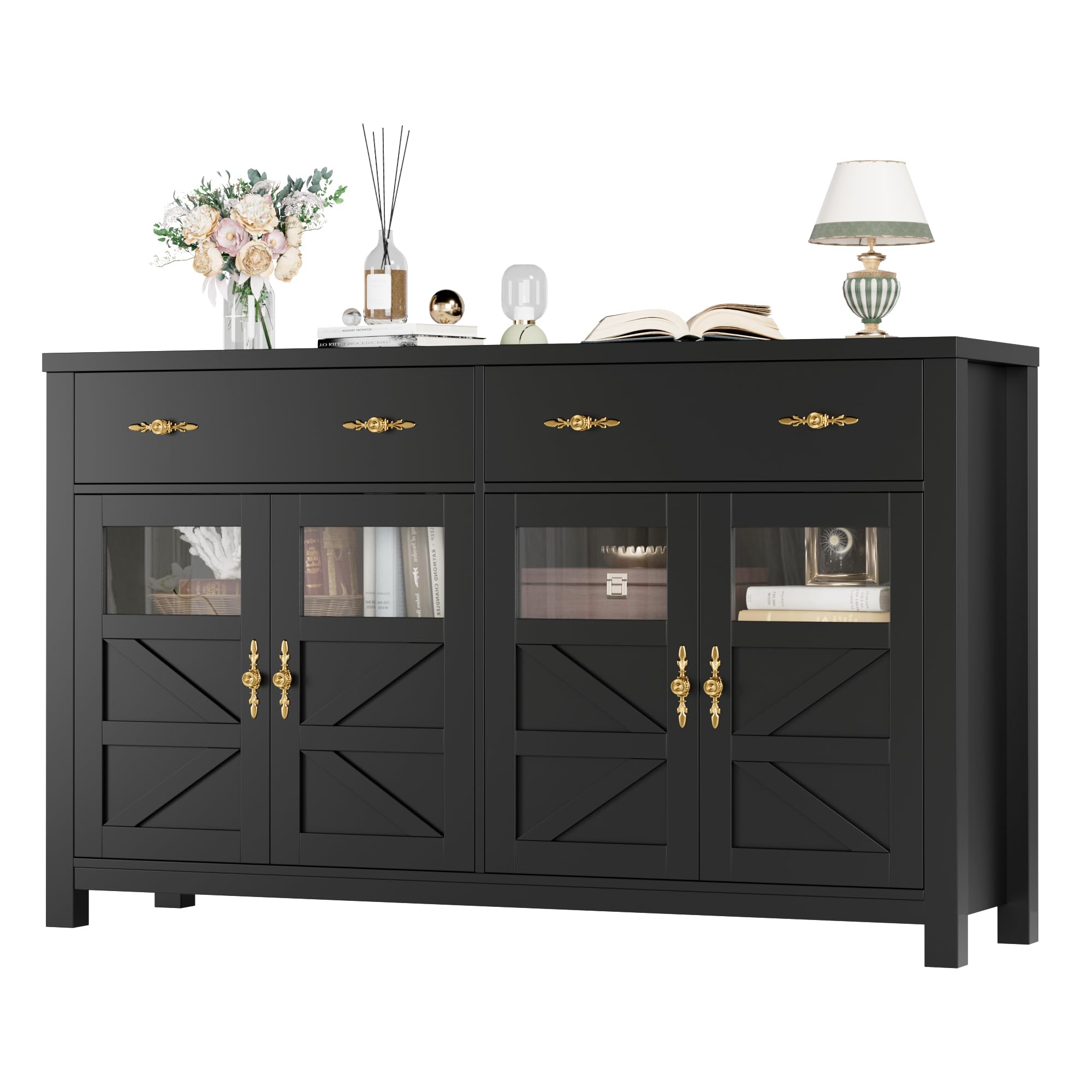 FINETONES Buffet Cabinet with Storage, 55.1" Large Sideboard Buffet Cabinet, Farmhouse Sideboard Kitchen Cabinet with 2 Drawers and 4 Doors, Wood Coffee Bar Cabinet Buffet Table for Kitchen, Black