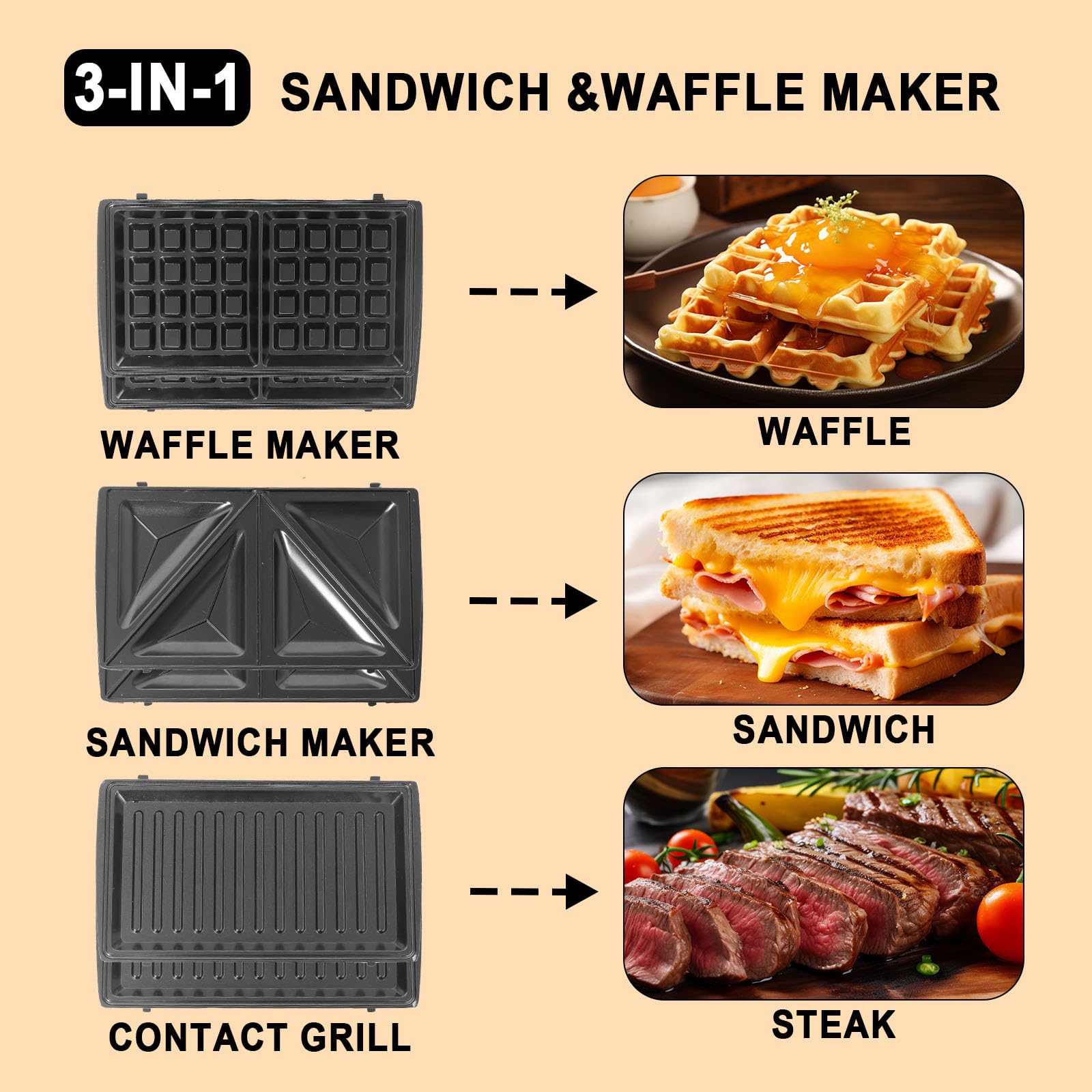 Electric Waffle Maker With Removable Plates Non-Stick Waffle Sandwich Maker