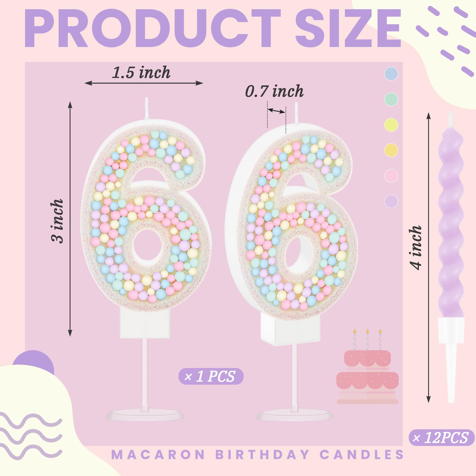 MTLEE Number 6 Birthday Candle Macaron Pastel Rainbow Unicorn Glitter 3D Number Candle with 12 Pcs Spiral Candles in Holders for Girl Boy Cake Topper Wedding Anniversary Sweet Theme Party Decoration