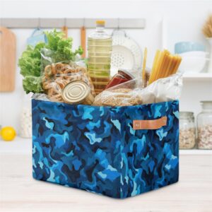 GzLeyigou Camo Texture Large Collapsible Storage Bins ,Blue Camouflage Decorative Canvas Fabric Storage Boxes Organizer with Handles,Rectangular Baskets Bin for Home Shelves Closet Nursery Gifts