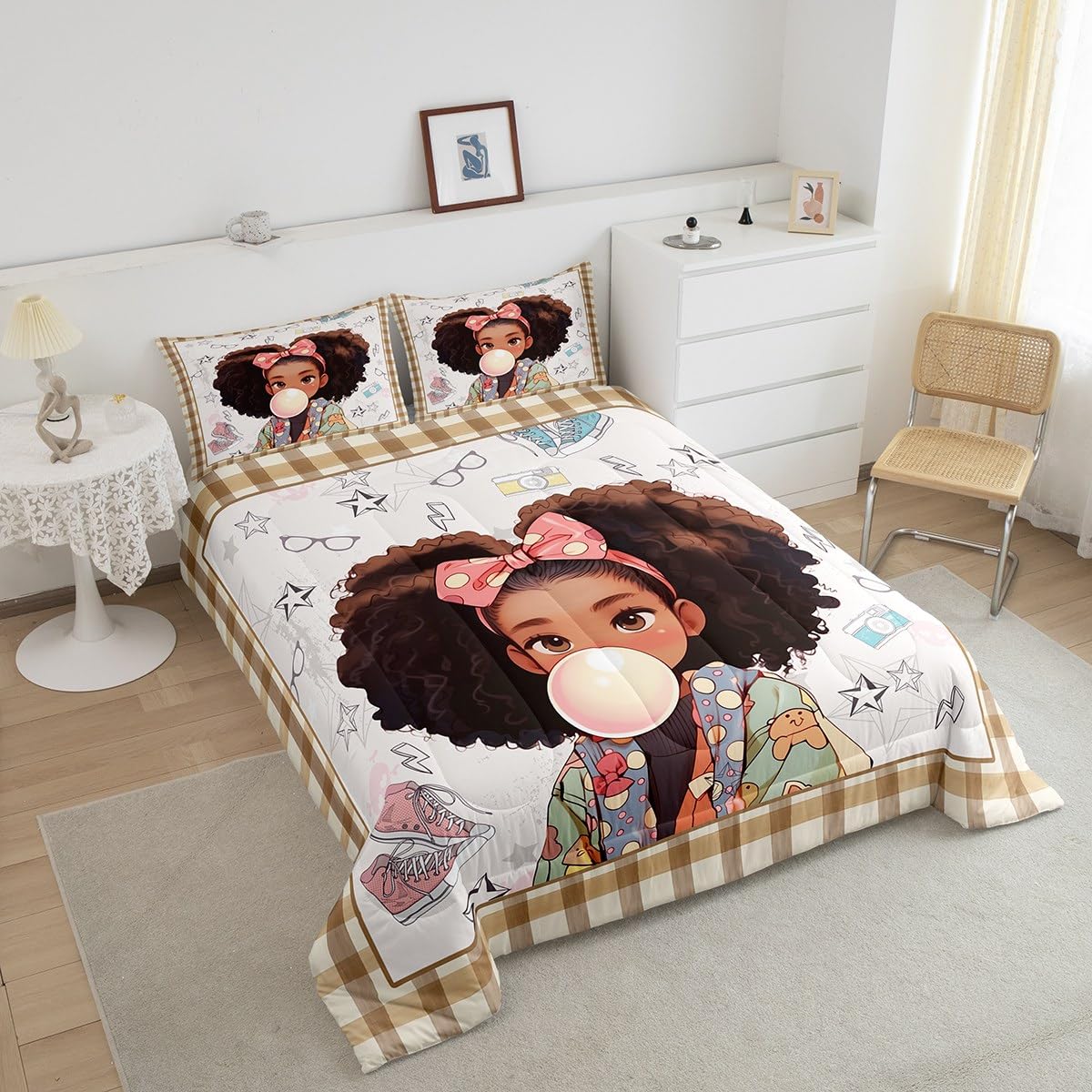 African Style American Comforter Sets Girls,Kids Cartoon Black Girls Bedding Set,Fashion Star Shoes Reversible Printed Quilted Duvet Teens Room Decor,Beige Brown Plaid Bedspread,1 Pillowcase