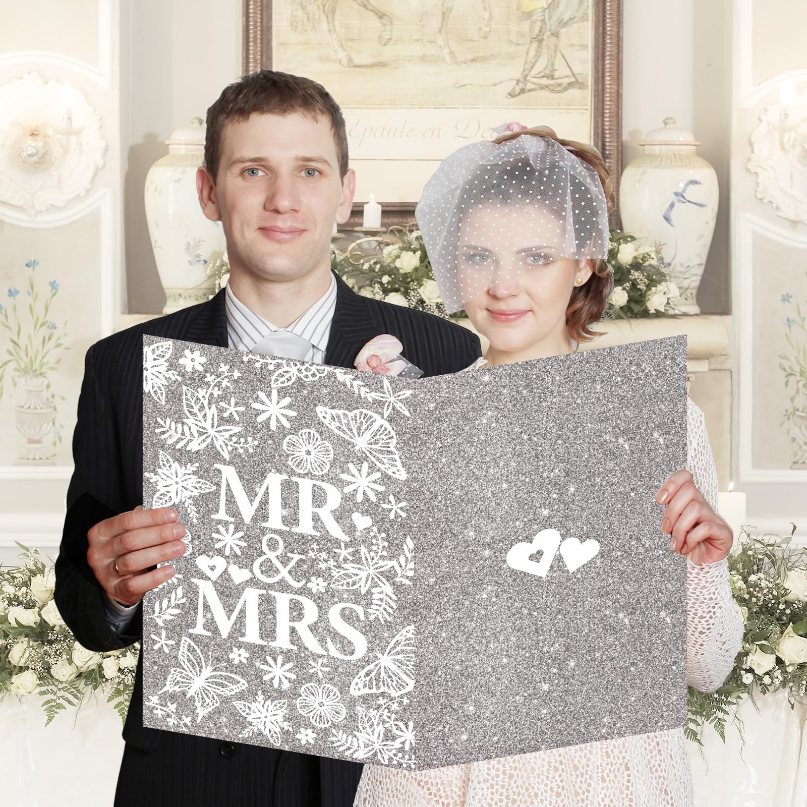 Large Wedding Card for Bridal Shower MR & MRS Congratulations Engagement Cards Jumbo Wedding Greeting Card Oversize Plastic Wedding Guest Signature Book for Bride Groom Wedding Anniversary Decorations