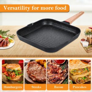 Barlket 11 inch Grill Pan for Indoor Cooking Nonstick Square Grill Skillet Griddle Pan for Stove Top, with Pour Spouts & Tongs, for Grilling Meat/Vegetables, Die Casting Aluminum