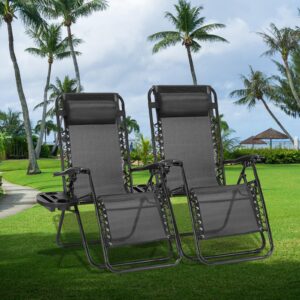 newbulig set of 2 zero cravity lounge chairs,ergonomic adjustable lying angle sturdy steel& mesh support,outdoor patio folding recliners for pool beach with pillow and cup holder, black