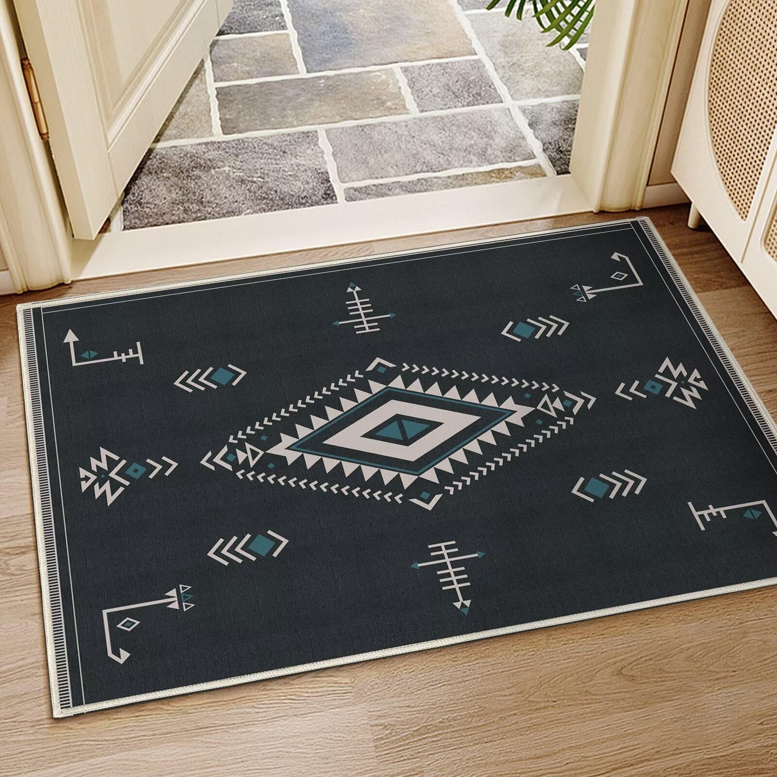 KONYXALU Washable Entryway Rug 2x3 Small Non Slip Rubber Backing Door Mat Indoor Entrance Thin Rug Tribal Carpet for Kitchen Bedroom Living Room Beige