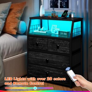 EnHomee Nightstands Set of 2 Nightstand with Charging Station & LED Lights Black Nightstands Set of 2 nightstand with Dresser Drawers and Storage Shelves Night Stand with Outlets and 2 USB Ports