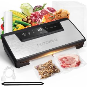 blitzhome vacuum sealer machine, 6 easy modes for dry/moist food storage/sous vide, built-in cutter/storage, visual seal-time, automatic food sealer with 15pcs bags,1 roll, full starter kit…