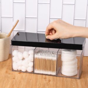 acDesign Qtip Holder Rectangle Cotton Ball and Swab Holder Organizer with Lid, Plastic Apothecary Jars, 3 Compartment Cotton Pad Container for Vanity Makeup Organization