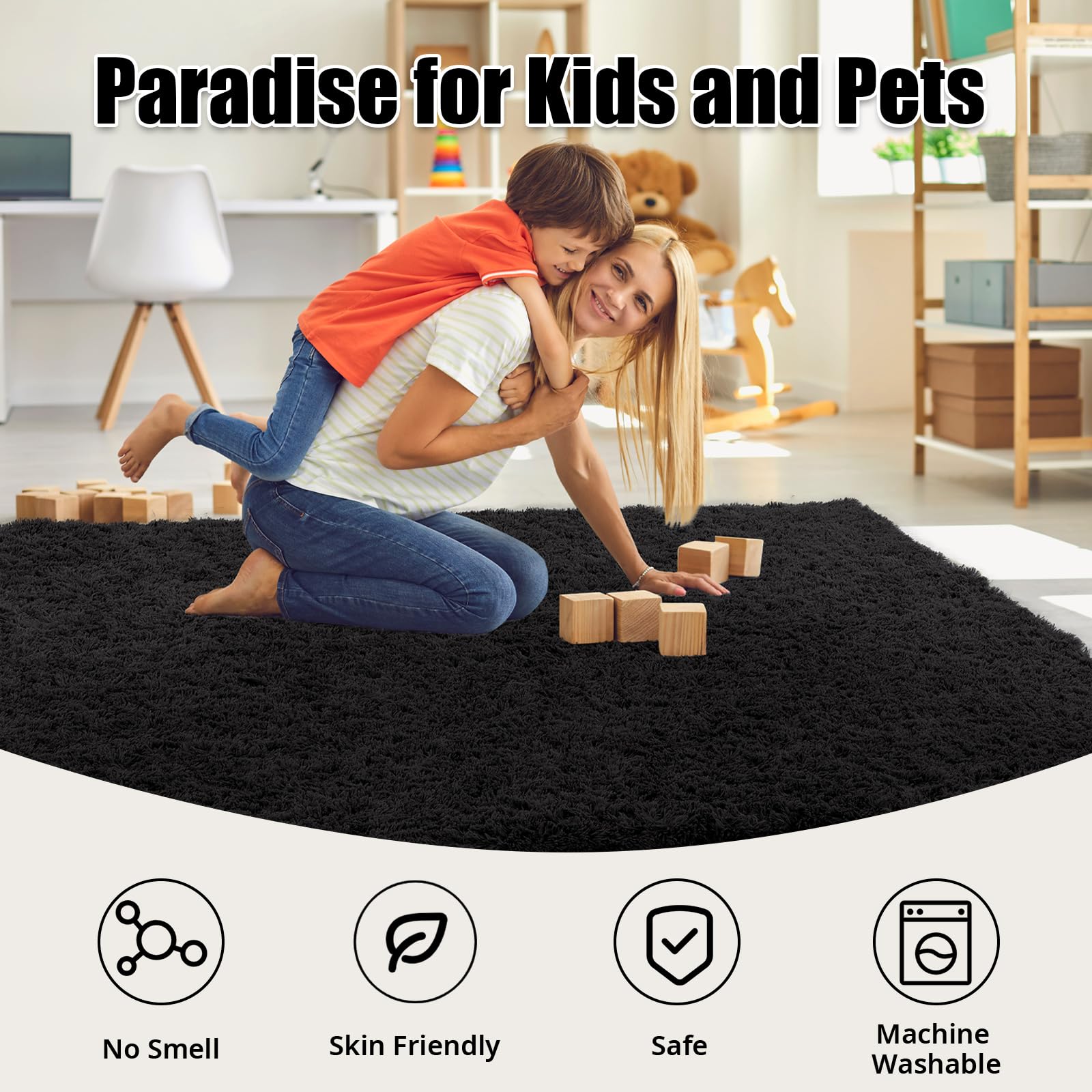 HOMBYS Fluffy Area Rug 10x14 ft for Living Room, Large Soft Shaggy Faux Fur Carpet for Bedroom, Non-Skid Plush Fuzzy Rug for Kids Playroom Home Decor, Black