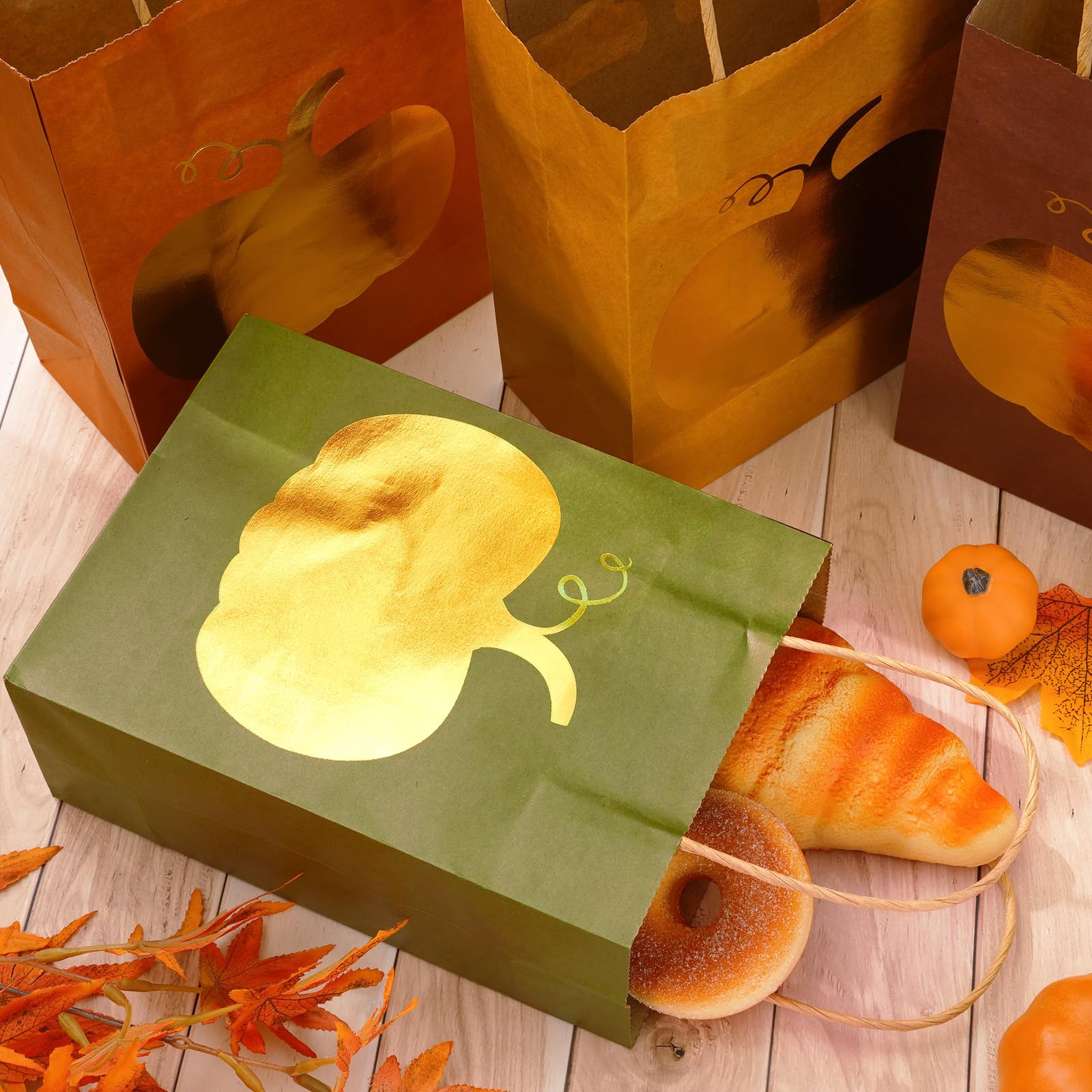 Whaline 36Pcs Fall Kraft Paper Gift Bags with Gold Pumpkin Candy Goodies Bags Grocery Shopping Treat Bags for Autumn Holiday Wedding Birthday Party Favors Supplies