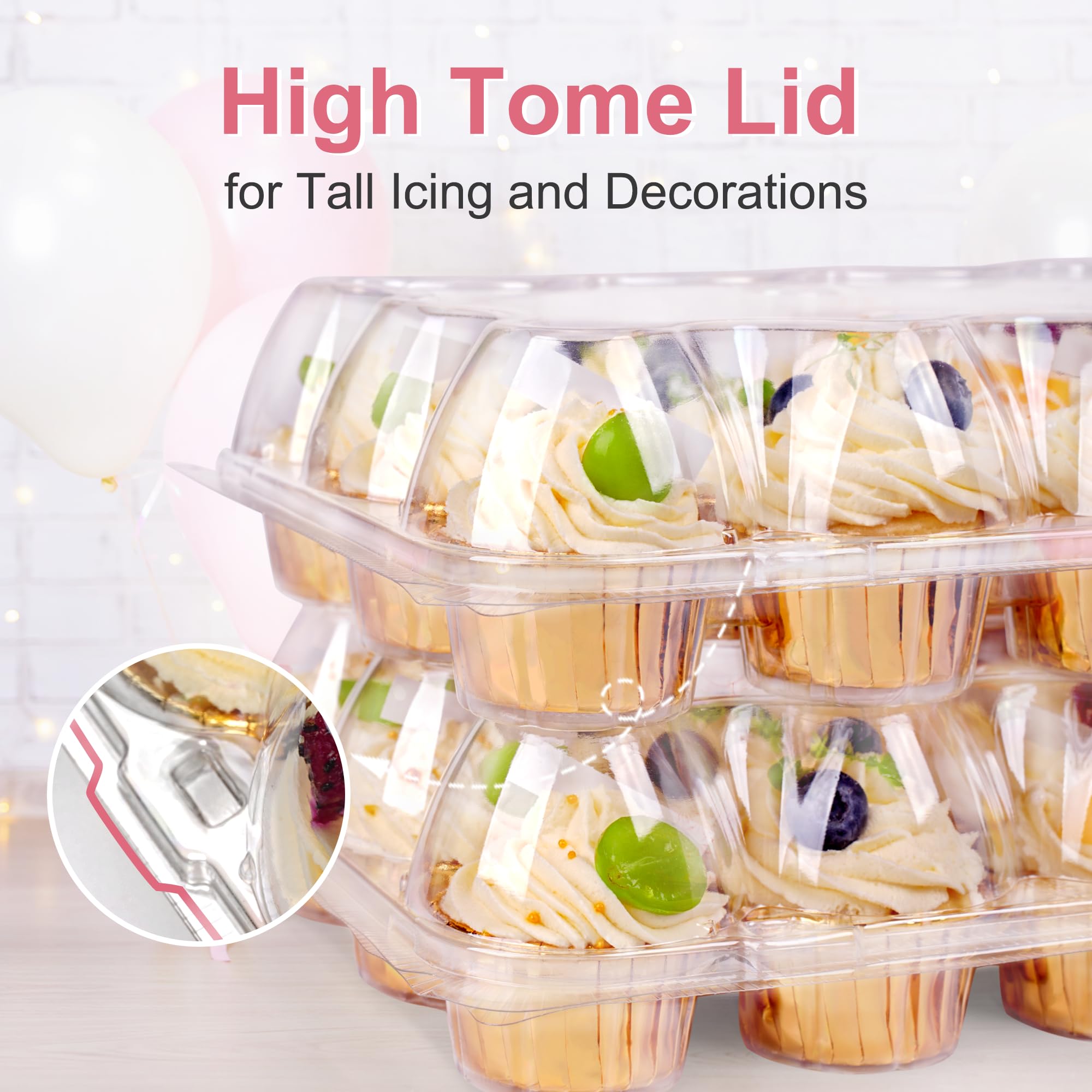 oridom Cupcake Carrier 12 Pack*12 Sets, Stackable Plastic Cupcake Containers Boxes 12 Count, Clear Cupcake Holder with Detachable High Dome Lid, Disposable Cupcake Storage Containers Cupcake Trays