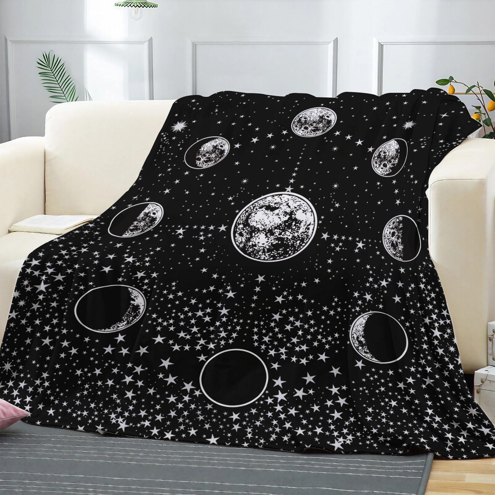 kampdream Moon Phase Black and White Fleece Throw Blanket, Starry Night Sky Mysterious Stars Mystic Astrology Cozy Nap Blankets Gift for Teens Boys Sofa Bed Couch Chair or Dorm Throws 40×50 inches