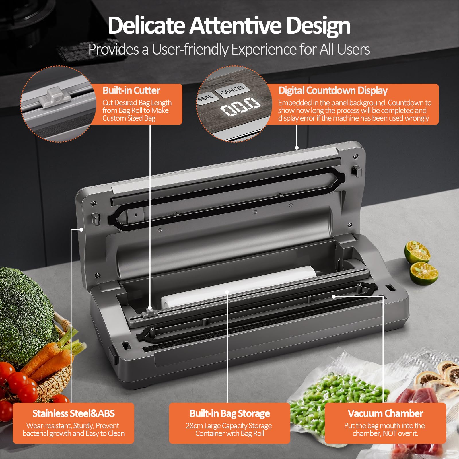 Anybear Vacuum Sealer Machine, 90kPa 120W Wide Seal All-IN-1 Powerful Food Storage, Build-in Cutter | Bags Storage | Digital Countdown Display | 2 Bag Rolls and 5pcs Pre-cut Bags (Gray)