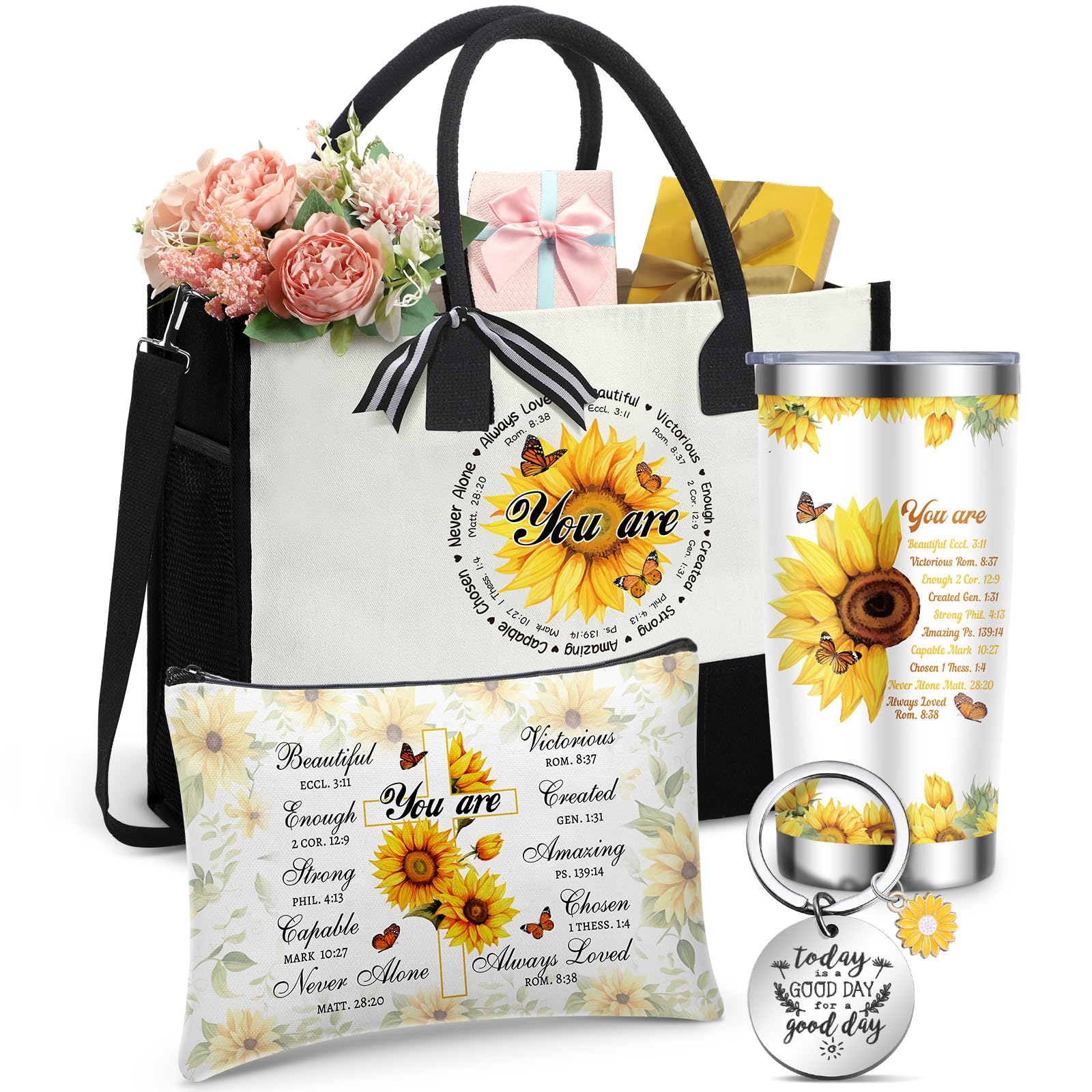 Aliceset 4 Pcs Christian Gifts for Women Include Inspiration Religious Tote Bag 20 oz Stainless Steel Tumbler Bible Verse Keychain Catholic Makeup Bag Birthday Gifts for Women Mom Friend (Sunflower)