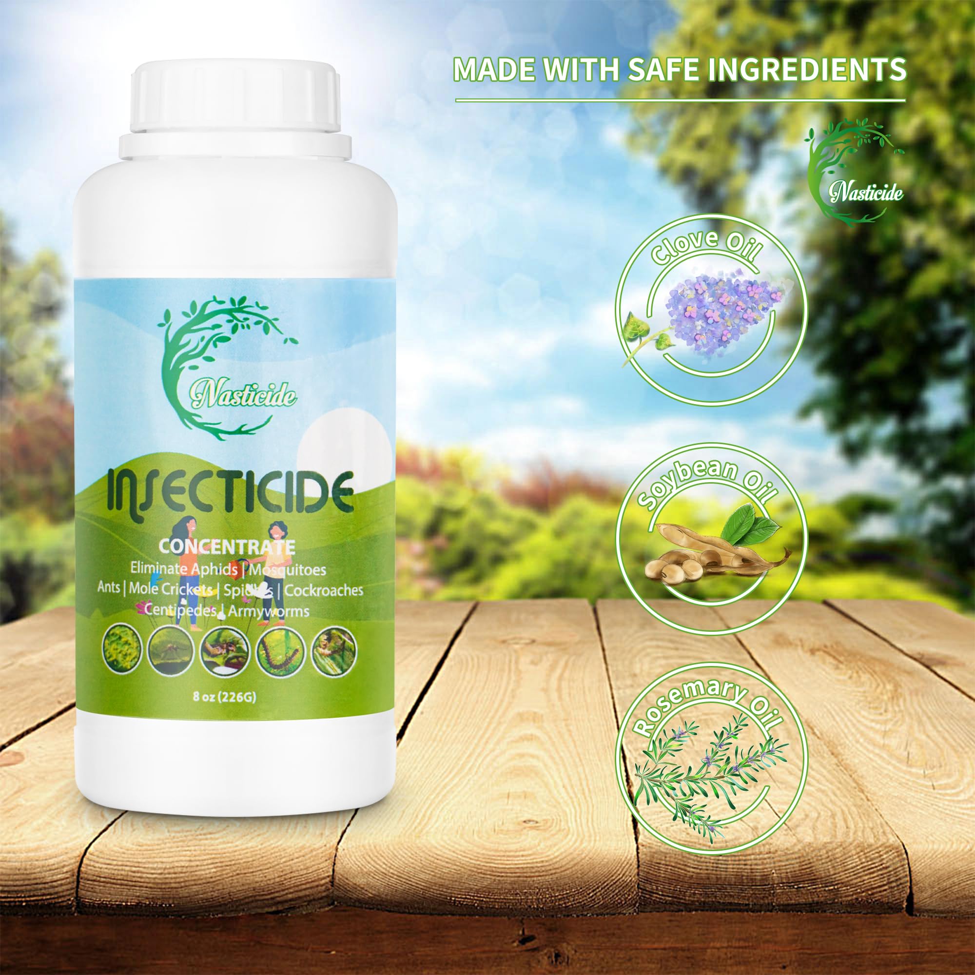 Nasticide Natural Insecticide Concentrate for Plants, Organic Safe Insect Killer with Natural Clove Oil, Soybean Oil and Rosemary Oil, Lawn Insecticide for Ants Spiders Cockroaches Aphids 8 oz