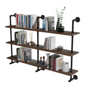 rogmars industrial pipe wall shelves pipe shelving,natural wood 60 inches long walnut floating shelves for wall farmhouse pipe book shelves for kitchen,living room, bar shelving