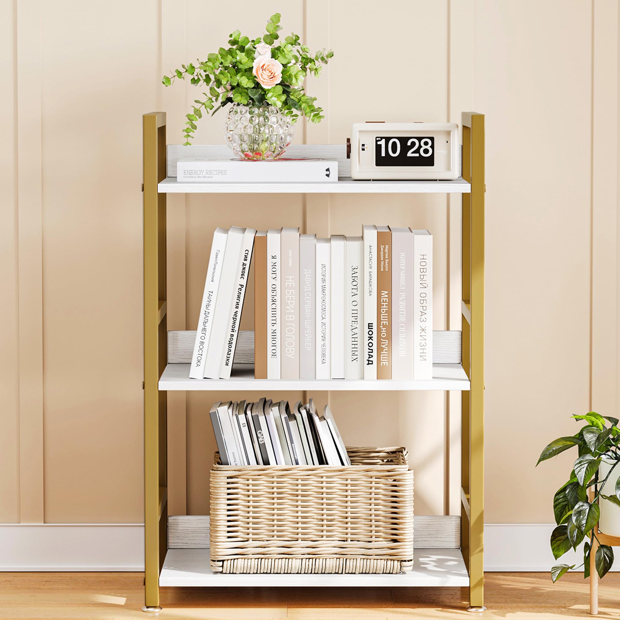 White and Gold Bookshelf, 3 Tier Small Bookcase for Small Spaces, Narrow Gold Bedside Book Shelf, Short Bookshelf Storage Organizer for Bedroom, Living Room, Home, Office, 120 lbs Weight Capacity