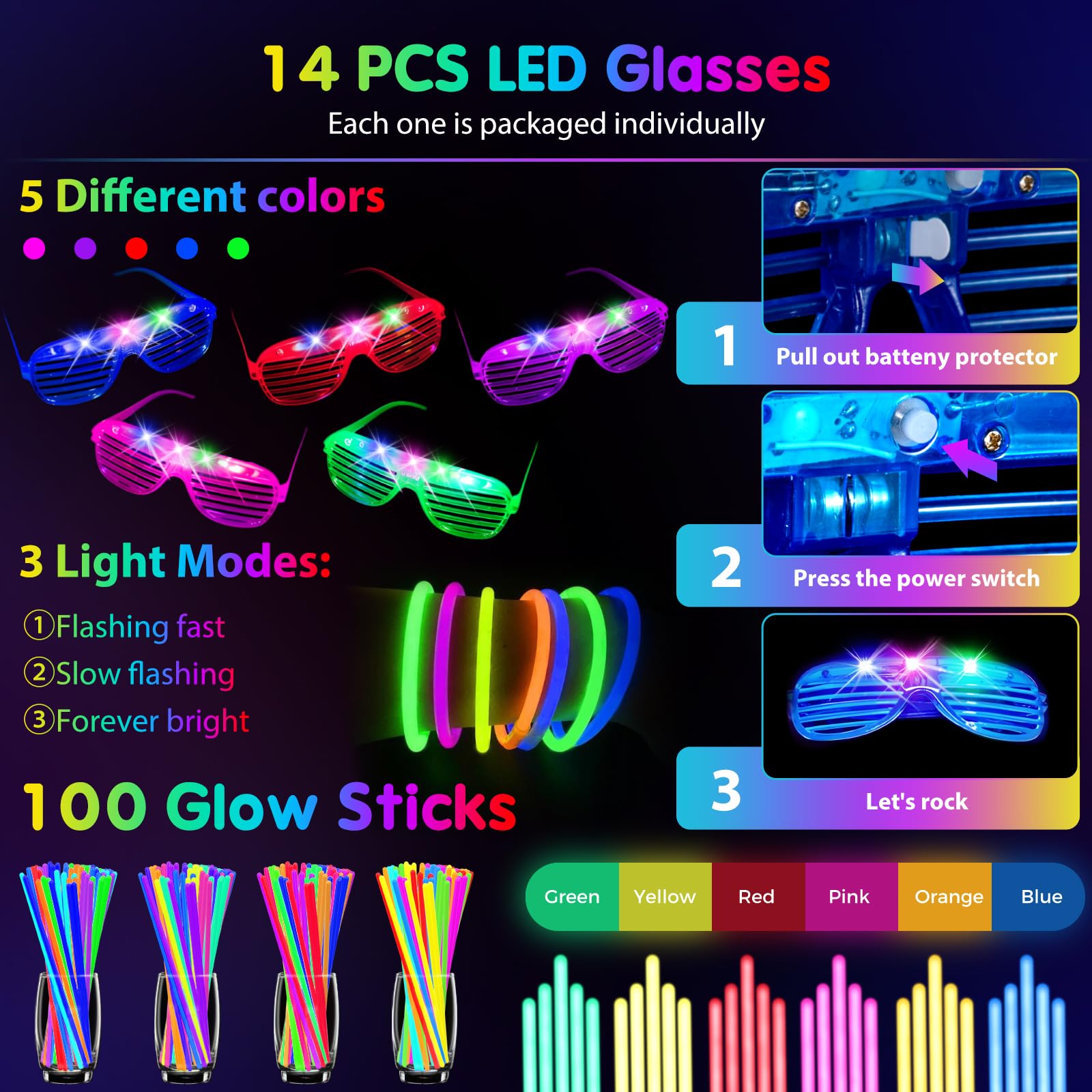 HONLYNE 142 PCS Glow in the Dark Party Supplies, 14PCS Foam Glow Sticks, 14PCS Light Up Headband,14PCS LED Glasses and 100PCS Glow Sticks Bracelets,for Glow Party, New Year, Wedding, Concert, Birthday