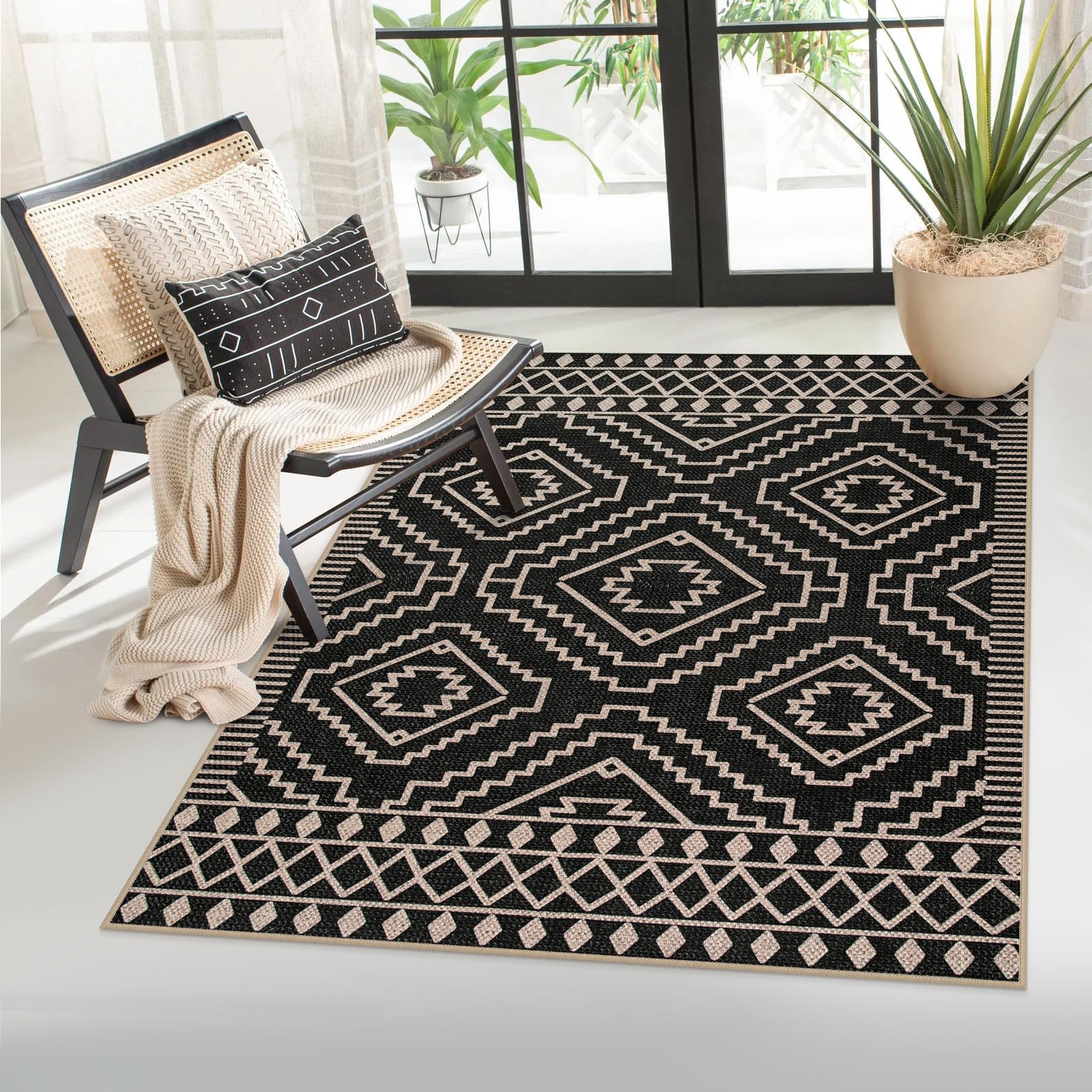 Lahome Moroccan Easy Jute Area Rug, 3x5 Entryway Rug Indoor Outdoor Patio Rug 3x5 Farmhouse Black Washable Living Room Area Rug, Non Slip Indoor Outdoor Carpet for Patio Courtyard Deck