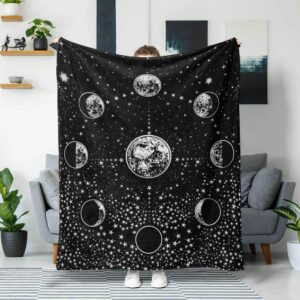 kampdream Moon Phase Black and White Fleece Throw Blanket, Starry Night Sky Mysterious Stars Mystic Astrology Cozy Nap Blankets Gift for Teens Boys Sofa Bed Couch Chair or Dorm Throws 40×50 inches