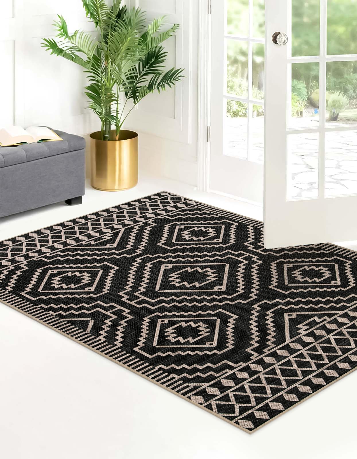 Lahome Moroccan Easy Jute Area Rug, 3x5 Entryway Rug Indoor Outdoor Patio Rug 3x5 Farmhouse Black Washable Living Room Area Rug, Non Slip Indoor Outdoor Carpet for Patio Courtyard Deck