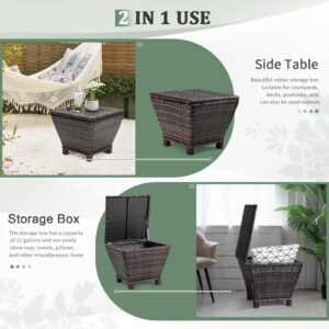 Outdoor Small Deck Box with Lid, Outdoor Wicker Side Table with Storage, Wicker Storage Box Patio Rattan End Table Small Resin Square Container Coffee Table Outdoor Side Table Patio Storage Box