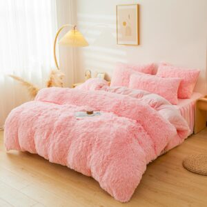 ERLOXO Fluffy Pink Faux Fur Comforter Cover Set，Fluffy Fuzzy Plush Pink Bedding 3Pcs (1 Faux Fur Duvet Cover +2 Fuzzy Pillowcases) Pink Fluffy Bed Set (Pink, Queen)