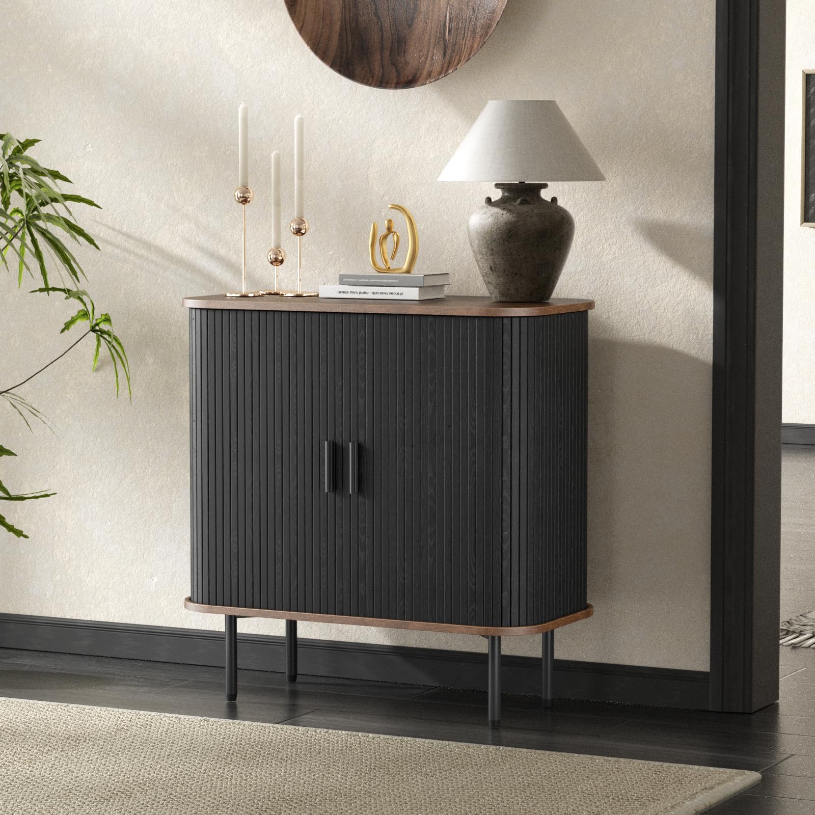 31''W Black Buffet Sideboard Cabinet with Storage, Fluted Storage Cabinet Black with Curvy Edge; Sliding Door Coffee Bar, Accent Cabinet Credenza Console Table for Living, Kitchen, Hallway