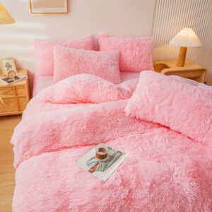 ERLOXO Fluffy Pink Faux Fur Comforter Cover Set，Fluffy Fuzzy Plush Pink Bedding 3Pcs (1 Faux Fur Duvet Cover +2 Fuzzy Pillowcases) Pink Fluffy Bed Set (Pink, Queen)