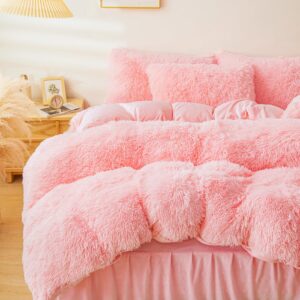 ERLOXO Fluffy Pink Faux Fur Comforter Cover Set，Fluffy Fuzzy Plush Pink Bedding 3Pcs (1 Faux Fur Duvet Cover +2 Fuzzy Pillowcases) Pink Fluffy Bed Set (Pink, Queen)