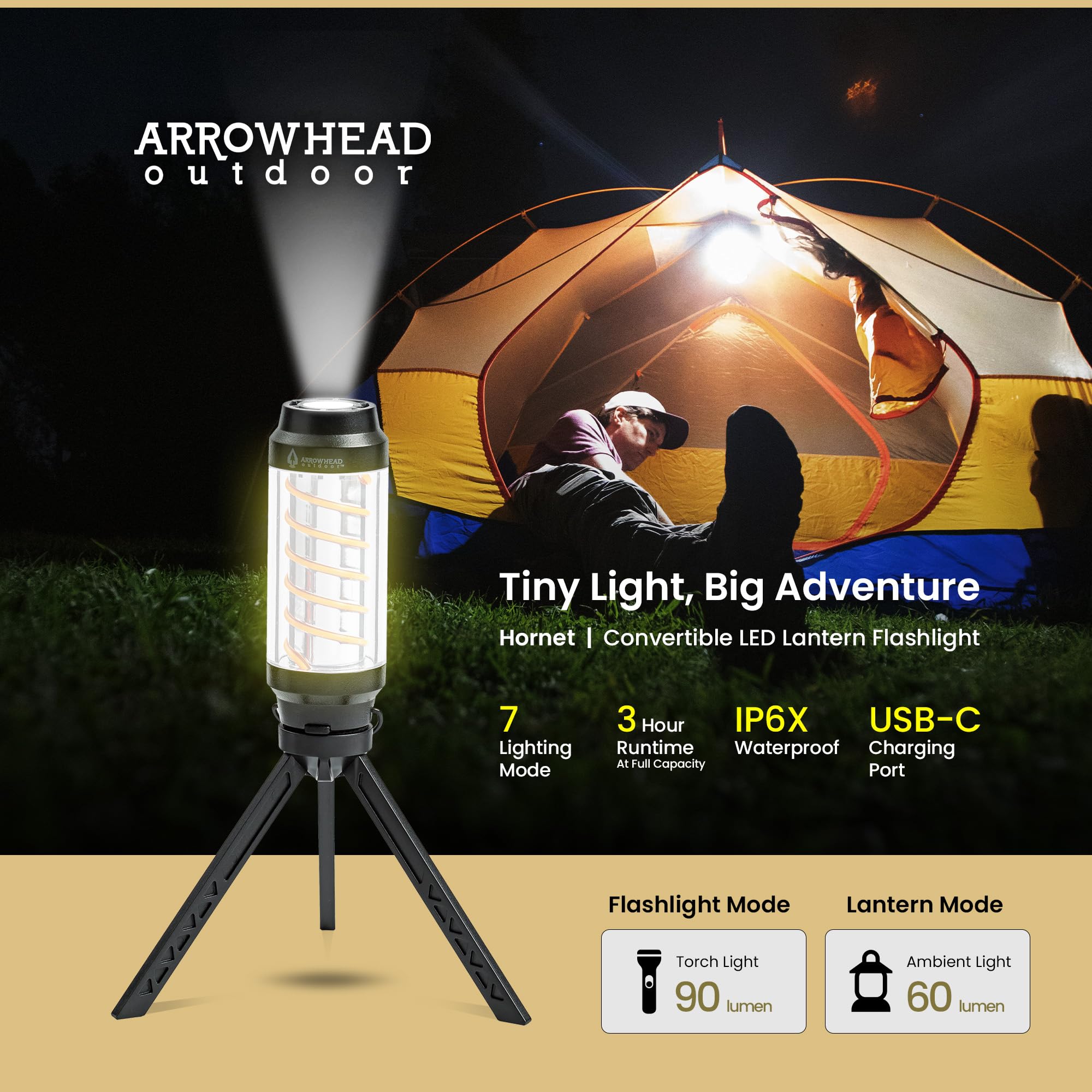 ARROWHEAD OUTDOOR 3.5-inch Convertible LED Camping Lantern Flashlight, 7 Lighting Modes, USB-C Charging, IP6X, Max. 90 Lumens, Tripod and Carabiner Included, Black