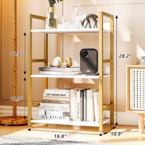 White and Gold Bookshelf, 3 Tier Small Bookcase for Small Spaces, Narrow Gold Bedside Book Shelf, Short Bookshelf Storage Organizer for Bedroom, Living Room, Home, Office, 120 lbs Weight Capacity