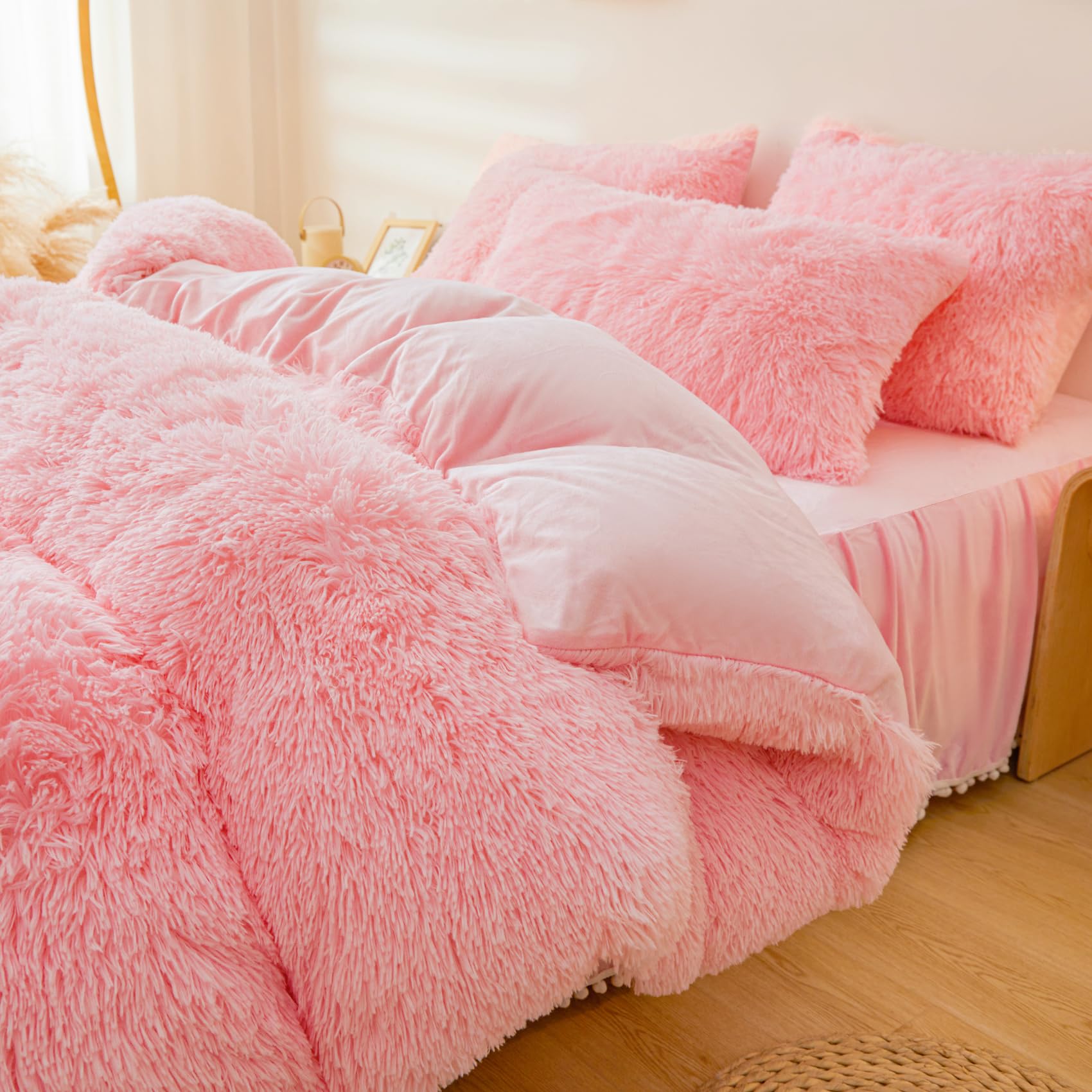 ERLOXO Fluffy Pink Faux Fur Comforter Cover Set，Fluffy Fuzzy Plush Pink Bedding 3Pcs (1 Faux Fur Duvet Cover +2 Fuzzy Pillowcases) Pink Fluffy Bed Set (Pink, Queen)