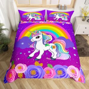 cute unicorn kids duvet cover set twin size,rainbow stars cloud dreamy bedding set,girls women room decor,cartoon animals roses castle comforter cover,pink purple romantic quilt cover,1 pillowcase