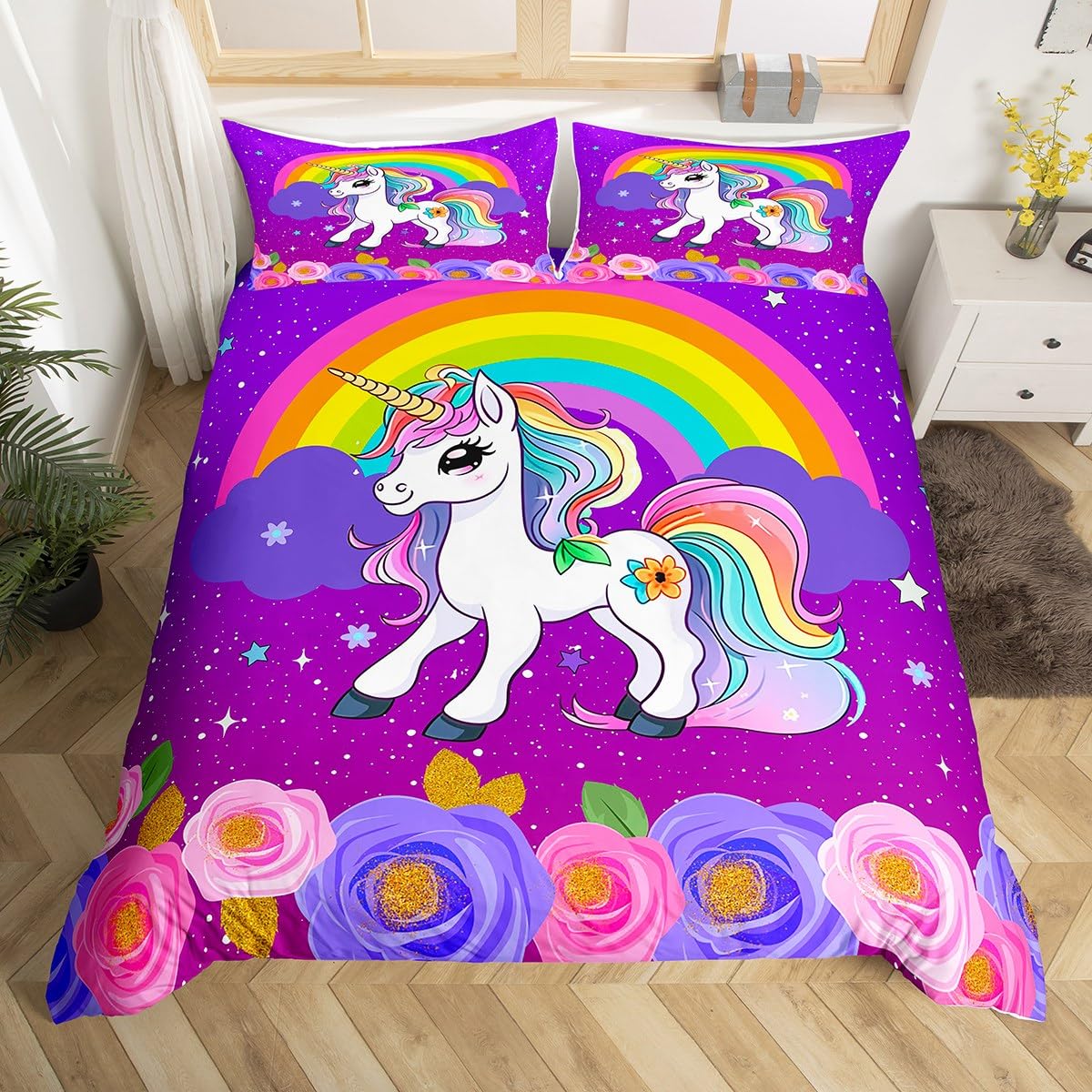 Cute Unicorn Kids Duvet Cover Set Twin Size,Rainbow Stars Cloud Dreamy Bedding Set,Girls Women Room Decor,Cartoon Animals Roses Castle Comforter Cover,Pink Purple Romantic Quilt Cover,1 Pillowcase