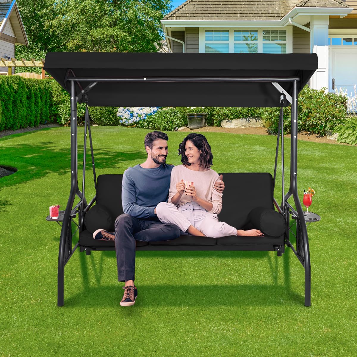 FKLUG 3-Seat Outdoor Porch Swing,2-in-1 Convertible Patio Swing Bed,Outdoor Patio Swing Chair w/Cushions,Pillows,Side Tray and Adjustable Canopy for Outside,Porch,Backyard,Garden(Black)