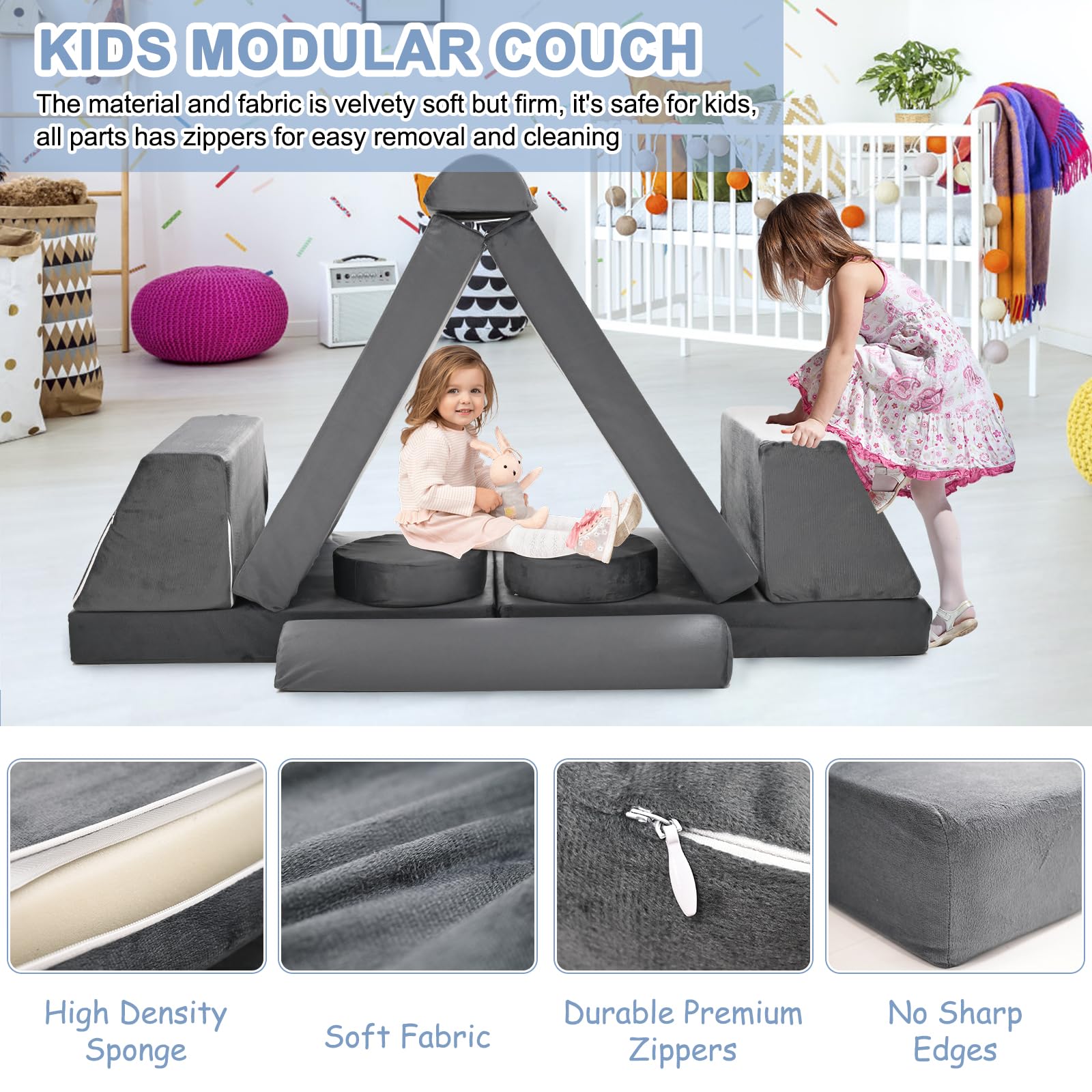 Esazn Kids Couch 10PCS Toddler Couch Kids Sofa, Modular Kids Play Couch, Nugget Couch Fold Out Couch Convertible Sofa Multifunctional Foam Play Couch for Playroom Bedroom, Small, Grey