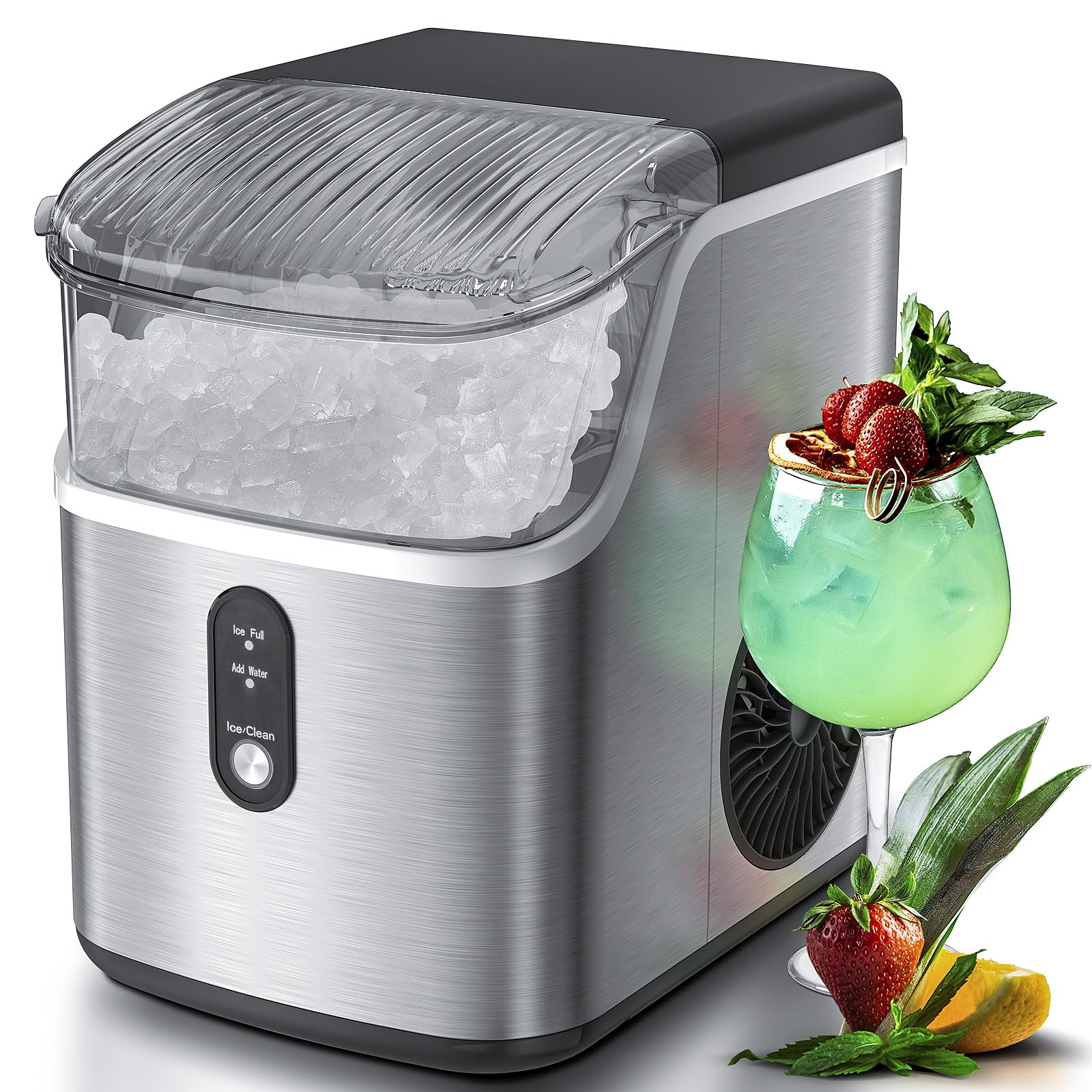 ZAFRO Nugget Ice Maker Countertop，One-Click Self-Cleaning Portable Ice Machine with Ice Scoop and Basket，Soft Chewable Ice in 7 Mins，35lbs/24H，for Home Kitchen Office Party，Stainless Steel Silver