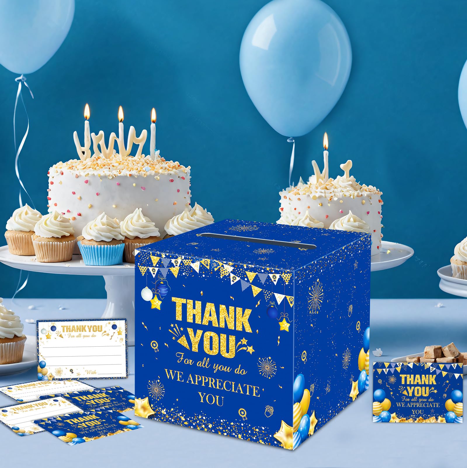 51Pcs We Appreciate You Card Box Decorations Blue Gold Thank You Party Favor Card Box with 50Pcs Thank You For All You Do Cards for Employee Staff Teacher Doctor Graduation Appreciation Party Supplies