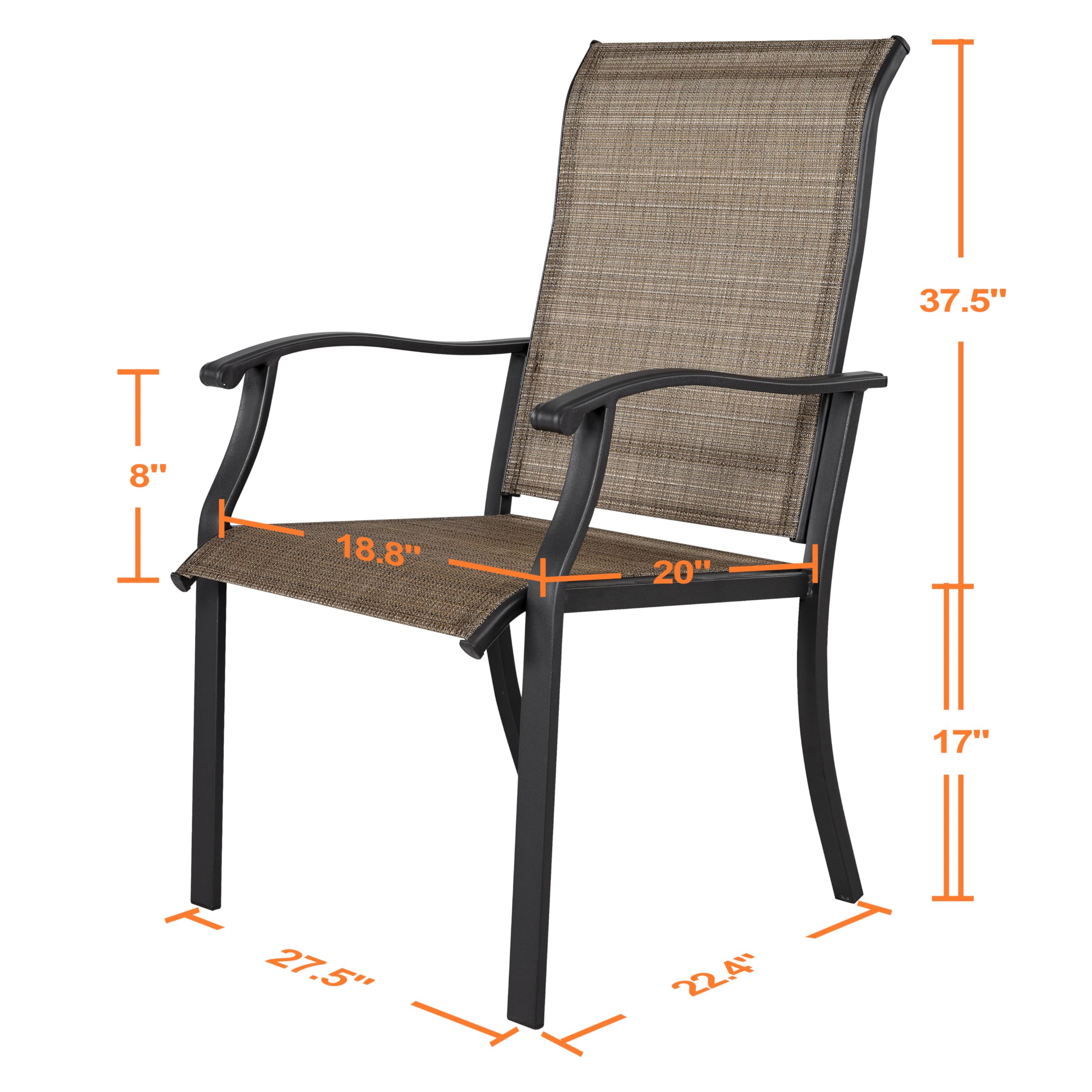 NUU GARDEN Patio Dining Chairs Set of 2, Outdoor Textilene Dining Chairs with High Back, Patio Chairs with Armrest, Metal Frame and Textilene Chairs, Brown