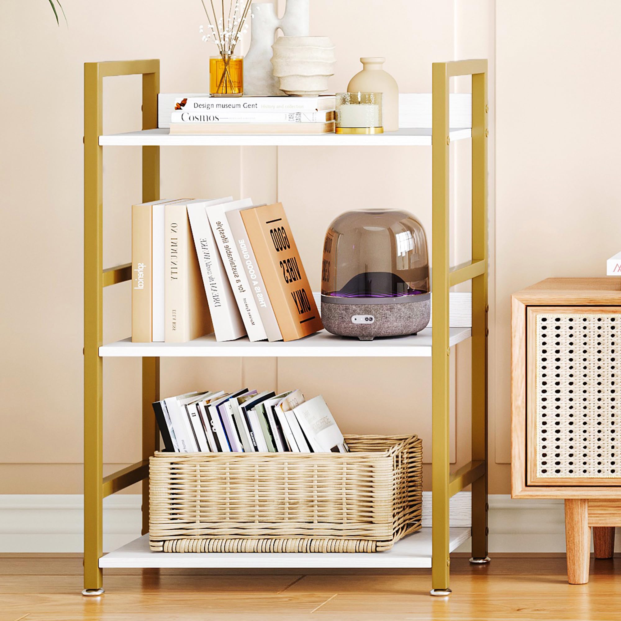 White and Gold Bookshelf, 3 Tier Small Bookcase for Small Spaces, Narrow Gold Bedside Book Shelf, Short Bookshelf Storage Organizer for Bedroom, Living Room, Home, Office, 120 lbs Weight Capacity