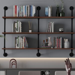 ROGMARS Industrial Pipe Wall Shelves Pipe Shelving,Natural Wood 60 Inches Long Walnut Floating Shelves for Wall Farmhouse Pipe Book Shelves for Kitchen,Living Room, Bar Shelving