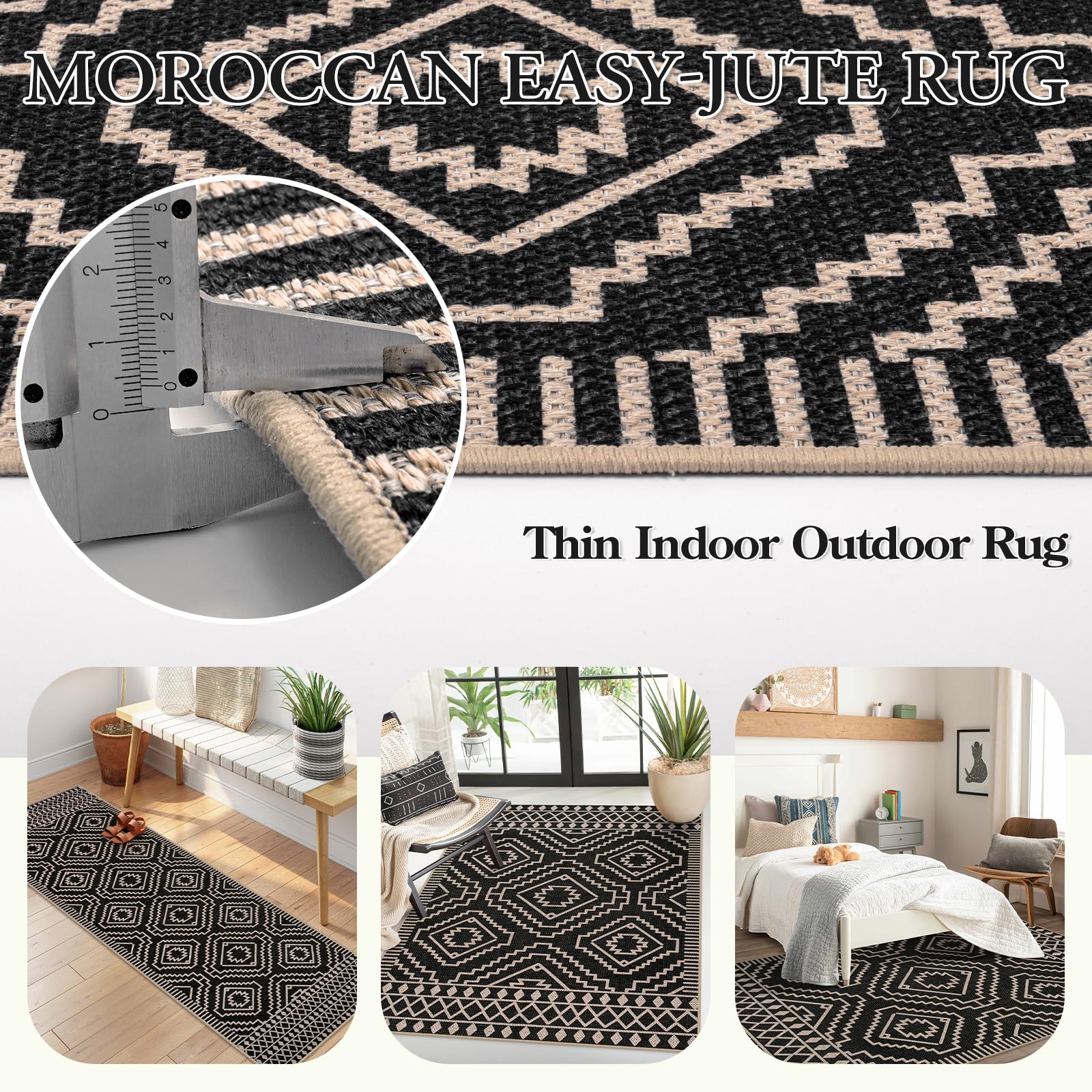 Lahome Moroccan Easy Jute Area Rug, 3x5 Entryway Rug Indoor Outdoor Patio Rug 3x5 Farmhouse Black Washable Living Room Area Rug, Non Slip Indoor Outdoor Carpet for Patio Courtyard Deck