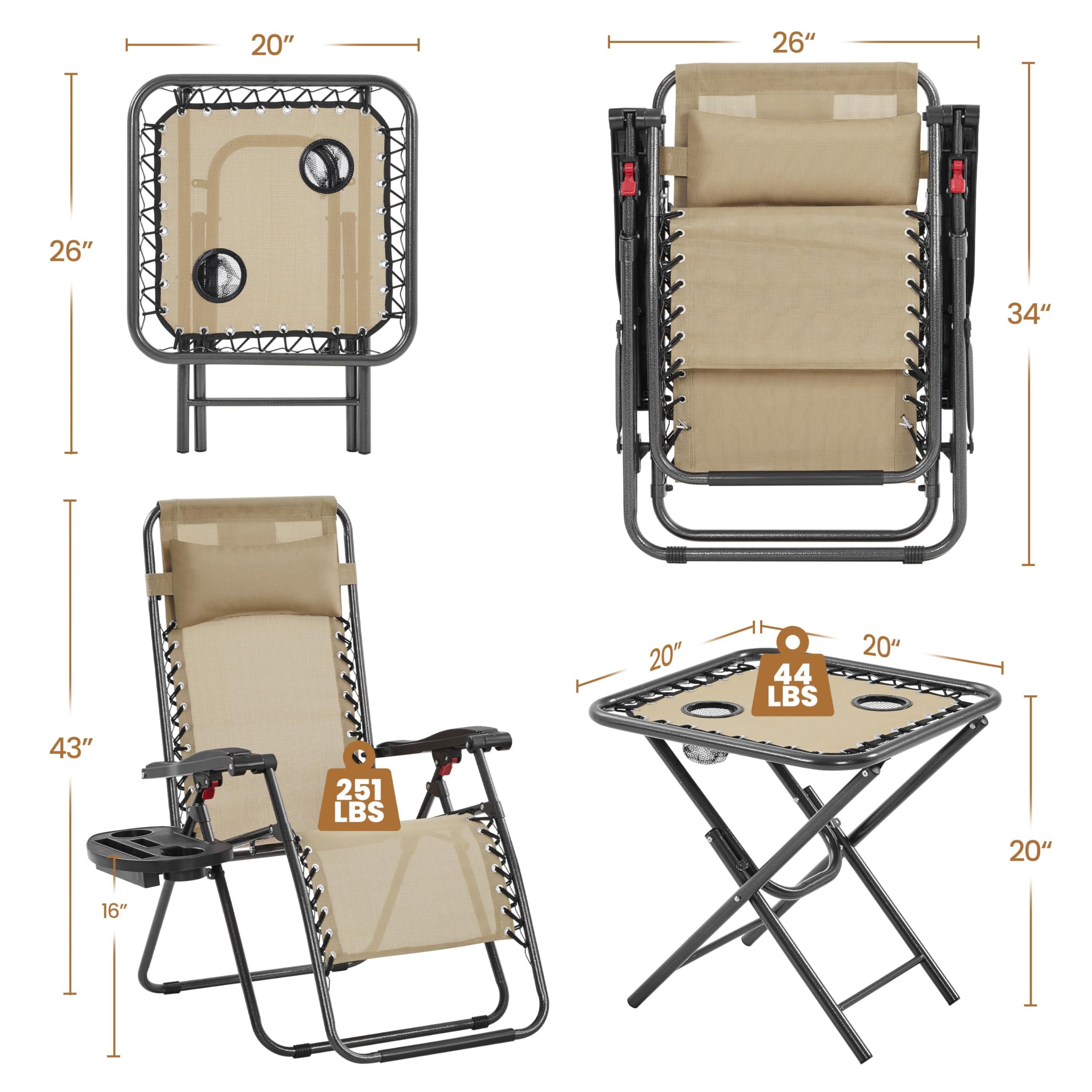 Yaheetech 3PCS Zero Gravity Recliner Portable Outdoor Reclining Chair Set w/Side Table Folding Chaise Lounge Chairs for Patio Beach Deck Garden Pool Beige