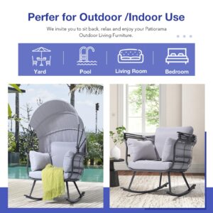 Patiorama Outdoor Indoor Rocking Egg Chair, Patio Rocker Chair with Retractable Canopy, All-Weather Outside Oversized Lounge Chair with Cushion for Garden Balcony Living Room, 350 lbs Capacity, Grey