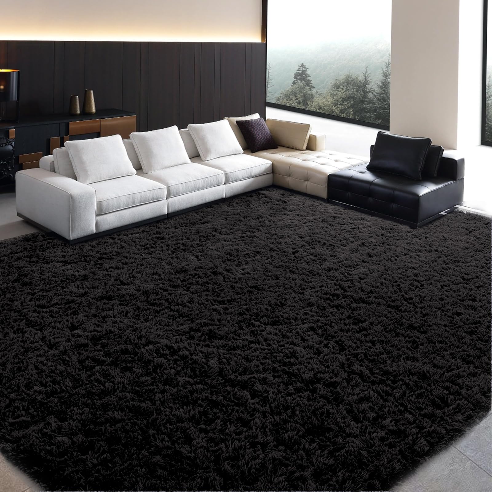 HOMBYS Fluffy Area Rug 10x14 ft for Living Room, Large Soft Shaggy Faux Fur Carpet for Bedroom, Non-Skid Plush Fuzzy Rug for Kids Playroom Home Decor, Black