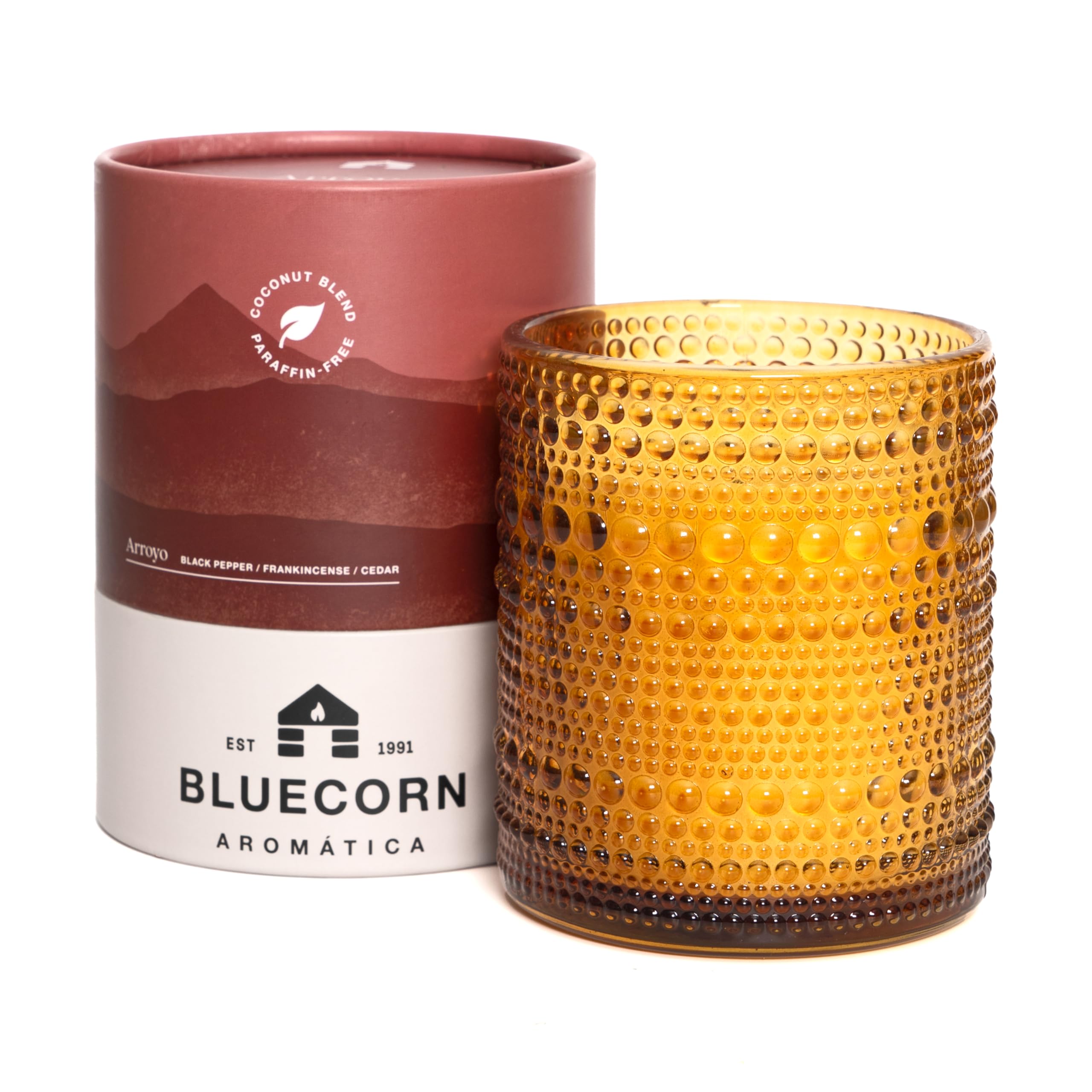 Bluecorn Candles Aromática Arroyo Scented Candle for Home | Desert Inspired Coconut Wax Candle with Black Pepper, Frankincense & Cedar | Amber Glass Jar - 55 Hour Burn Time (Large)