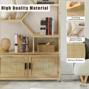 Zevemomo 7 Tier Tall Rattan Bookshelf - Modern Open Display Book Shelf & Bottom Cabinet with Door for CDs/Movies/Books, Large Wood Book Case Storage Organizer for Bedroom Home Office Living Room